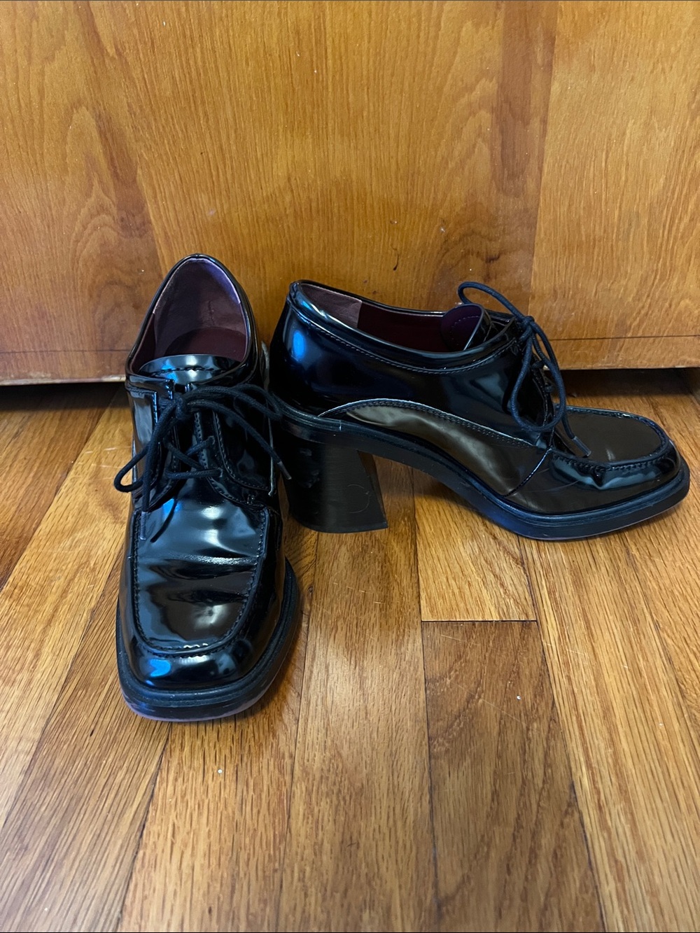 Franco Sarto Black Patent Lace-Up Block Heel Oxfords